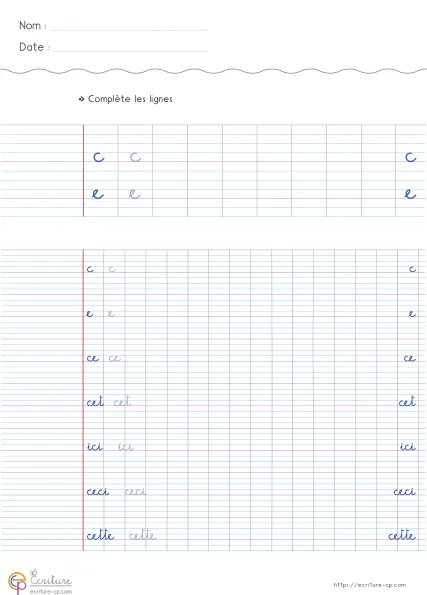 Fiche CP de copie de mots utiles avec la lettre c, mots modèles sur lignage Seyes et lignes d'entraînement.