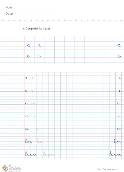 Fiche CP de copie de mots utiles avec la lettre r, mots modèles sur lignage Seyes et lignes d'entraînement.