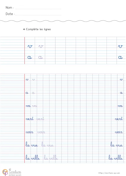 Fiche CP de copie de mots utiles avec la lettre v, mots modèles sur lignage Seyes et lignes d'entraînement.